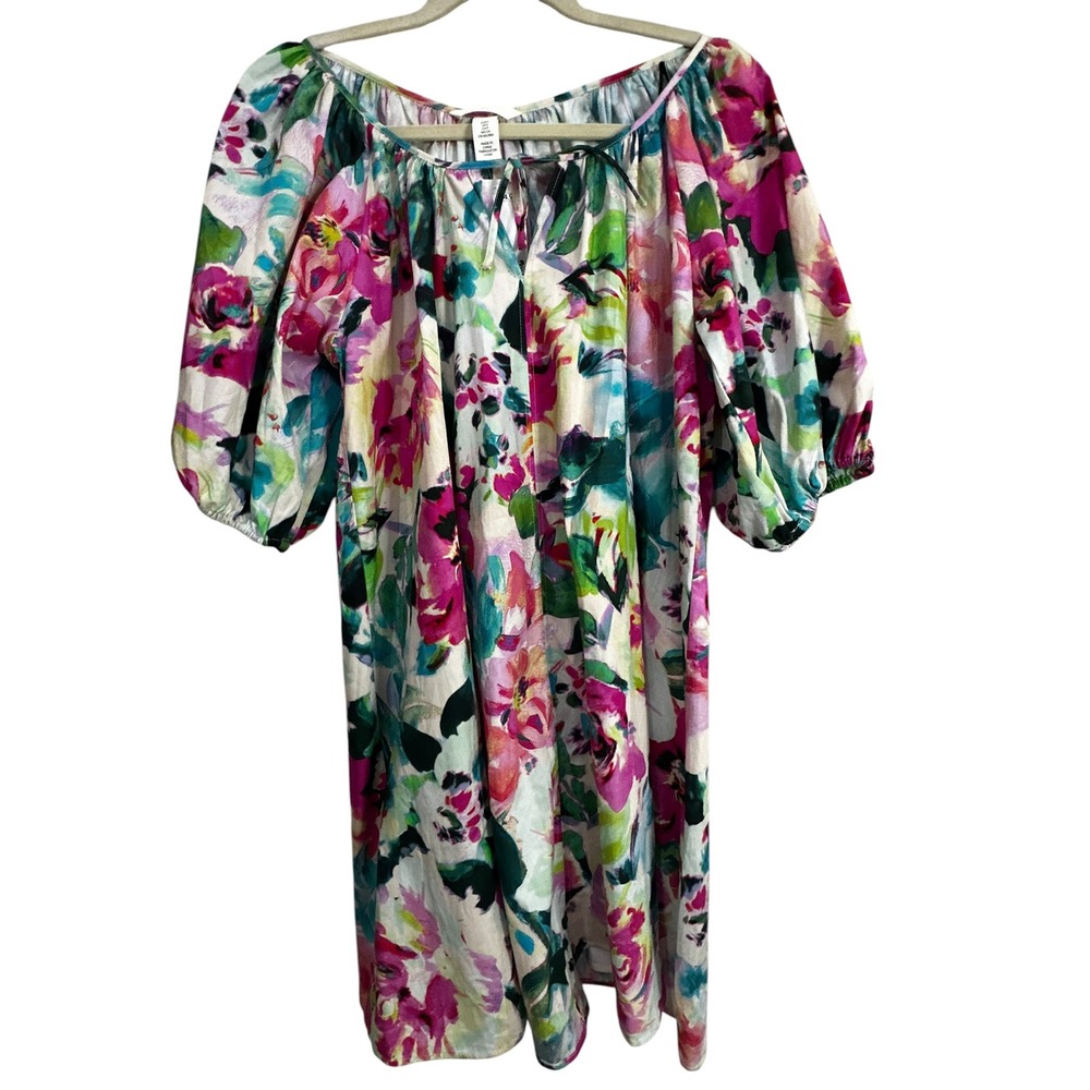 HM Floral Puff Sleeve Mini Dress Watercolor Pink Teal Tie Neck Small NWT